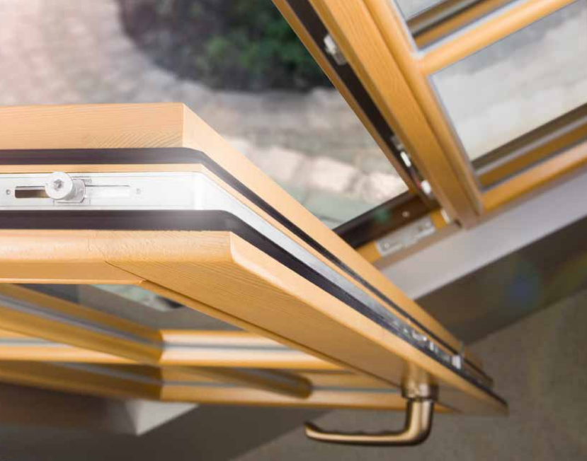 UNILUX Slanted Pine Solid Wood Window, Natural Finish, RAL Color, 1200x1200mm, Tilt-Turn, 78mm Frame, Triple Glazed SuperThermo3, Security SAFE, Mushroom Pin, Stainless Handle, Insect Screen, Modern Sash