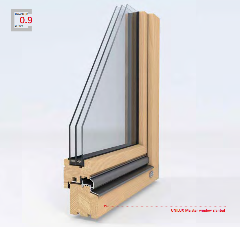 UNILUX Slanted Pine Solid Wood Window, Natural Finish, RAL Color, 1200x1200mm, Tilt-Turn, 78mm Frame, Triple Glazed SuperThermo3, Security SAFE, Mushroom Pin, Stainless Handle, Insect Screen, Modern Sash
