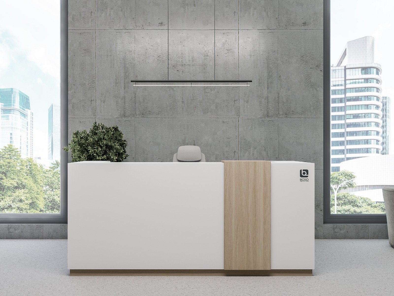 Reception Desk Made by using 18mm thick Melamine faced MDF with 2/0.6mm PVC edgeband. Providing a Storage space under structure with 3 drawers. Using hardware, 4" pull handle, Normal Channel and 3 in 1 multi lock.