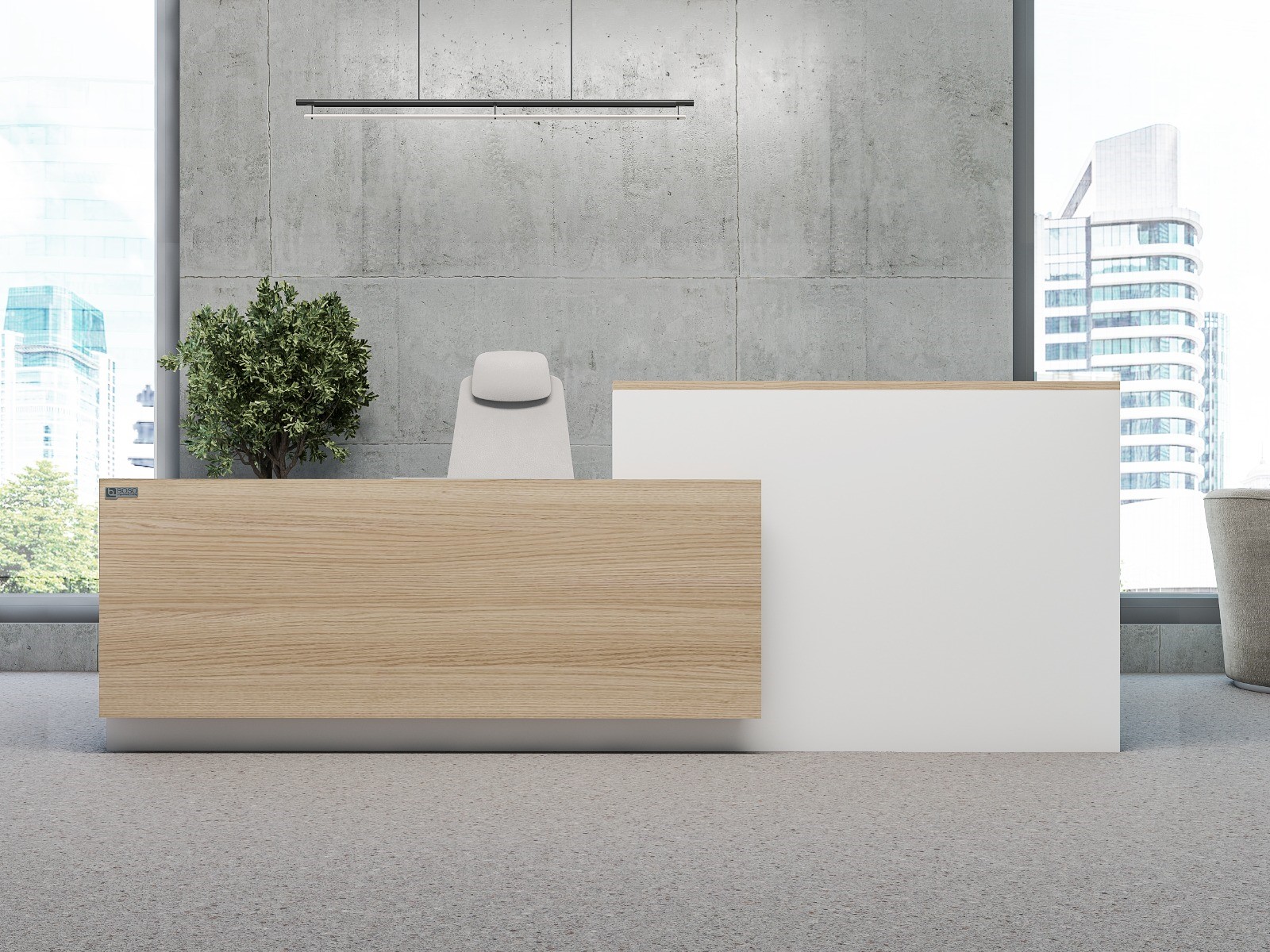 Reception Desk Made by using 18mm thick Melamine faced MDF with 2/0.6mm PVC edgeband. Providing a Storage space under structure with 3 drawers. Using hardware, 4" pull handle, Normal Channel and 3 in 1 multi lock.