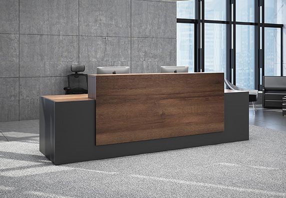 Reception Desk Made by using 18mm thick Melamine faced MDF with 2/0.6mm PVC edgeband. Providing a Storage space under structure with 3 drawers. Using hardware, 4" pull handle, Normal Channel and 3 in 1 multi lock.