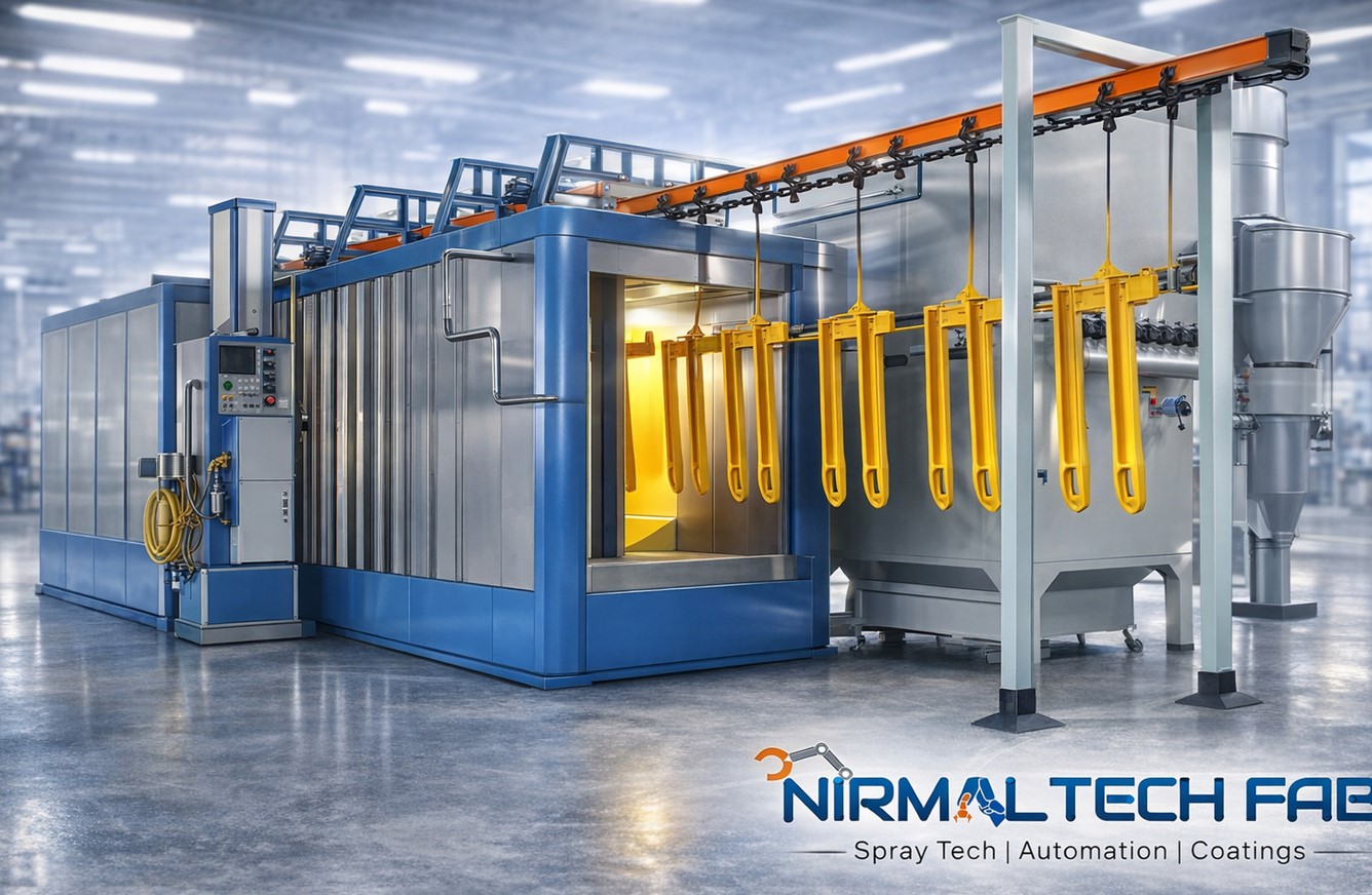 Industrial Powder Coating Plant – Complete Automated Line with Spray Booth, Curing Oven, Electrostatic Guns, Conveyor System, Pre-Treatment, Powder Recovery & Ventilation for Metal Fabrication, Automotive & Industrial Finishing