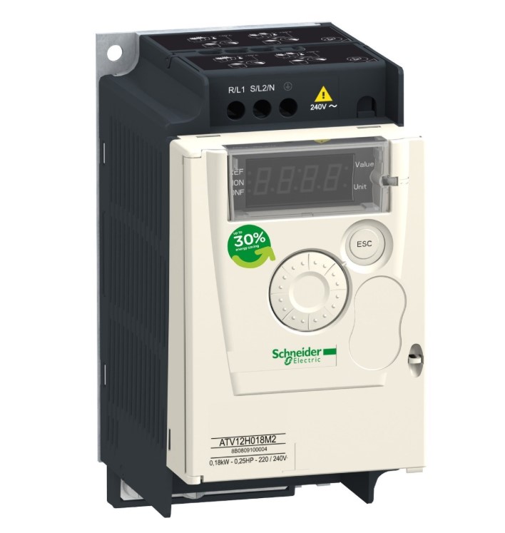 Schneider Altivar 12 ATV12H018M2 Variable Frequency Drive - 0.18kW (0.25HP), 200-240V 1-Phase AC Motor Speed Controller with Heat Sink & Terminal Block, Compact VFD for Industrial Applications