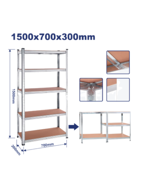 5-Tier Adjustable Storage Shelves with Heavy-Duty Steel Frame, Adjustable Height, Easy Assembly Suitable for Garage, Workshop, and Warehouse Storage