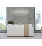 Reception Desk Made by using 18mm thick Melamine faced MDF with 2/0.6mm PVC edgeband. Providing a Storage space under structure with 3 drawers. Using hardware, 4" pull handle, Normal Channel and 3 in 1 multi lock.