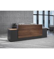 Reception Desk Made by using 18mm thick Melamine faced MDF with 2/0.6mm PVC edgeband. Providing a Storage space under structure with 3 drawers. Using hardware, 4" pull handle, Normal Channel and 3 in 1 multi lock.