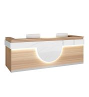Reception Desk with LED Made by using 18mm thick Melamine faced MDF with 2/0.6mm PVC edgeband. Providing a Storage space under structure with 3 drawers. Using hardware, 4" pull handle, Normal Channel and 3 in 1 multi lock. Note: LED Provision Only Conside