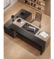 Executive Table Table: 1700x900x750mm. Made by using 18mm thick Melamine faced MDF with 2/0.6mm PVC edgeband. Providing 3 nos of wooden drawers and a swing shutter with Soft close hinges, Normal Slider, 4" pull handle and lock.